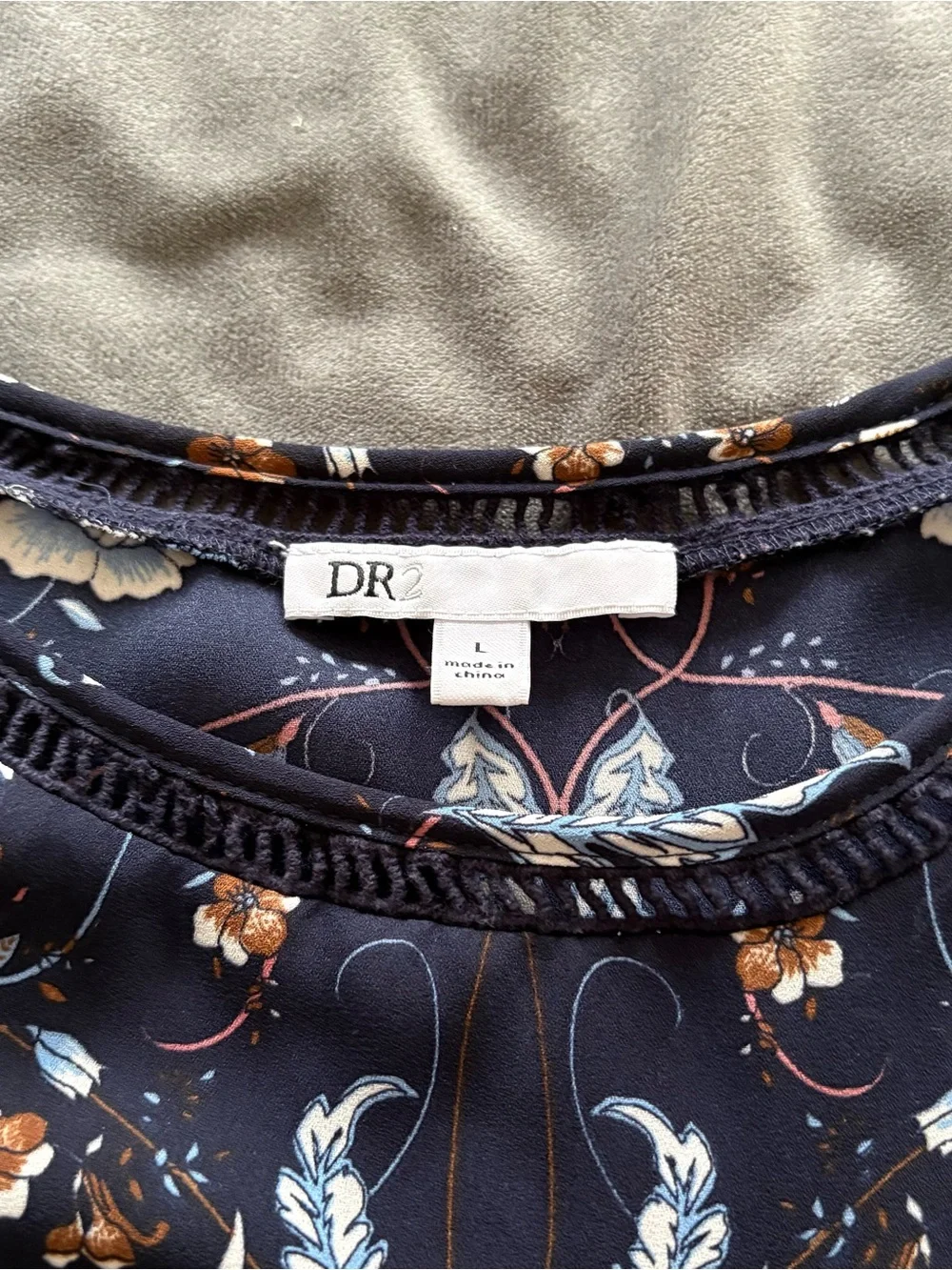 DR2 Black Floral Crewneck Top with Blue and Cream Accents - Picture 3 of 5